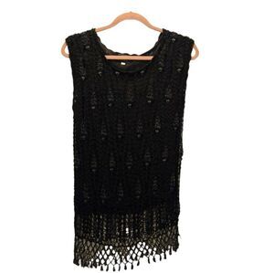 Vintage 90's Beaded Top L/XL Whimsigoth Black Crochet Netted Mermaid Embellished